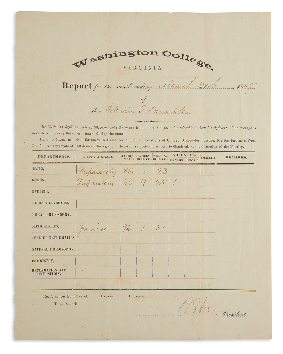 REPORT CARD FOR STUDENT OF COLLEGE THAT BECAME WASHINGTON AND LEE U ROBERT E. LEE. Partly-printed Document Si...